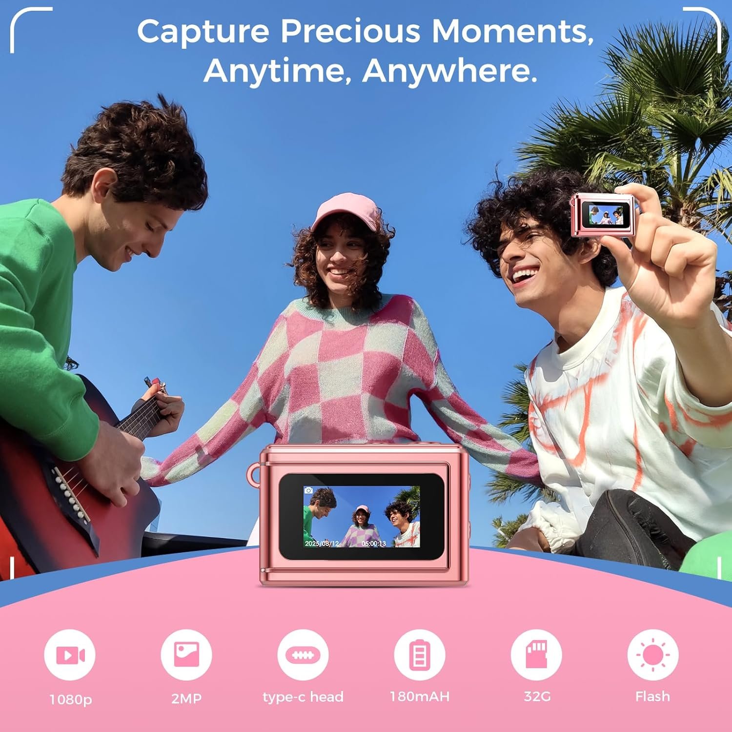 HOTU Mini Keychain Digital Camera with 32G Card, Y2K Pocket-Size Camera 1080P HD – 1MP Lens, Flash & 0.96" Screen ,Target retro digital camera,Vlog Camera for Travel, Concerts, Kids & Instant Party. - Image 2