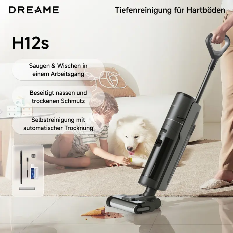 dreame H12s Nass Trockenstaubsauger, intelligente Bodenreinigung, kabelloser Staubsauger und Wischer für Hartböden, Kantenreinigung mit Schmutzerkennung